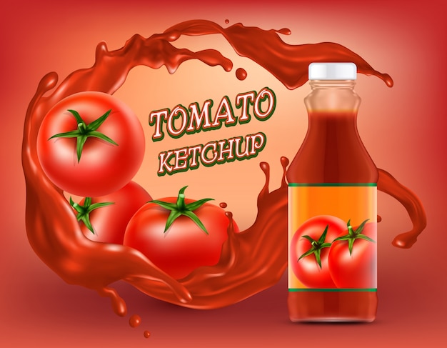 Бесплатное векторное изображение Плакат кетчупа в пластиковой или стеклянной бутылке с разбрызгиванием измельченного помидора