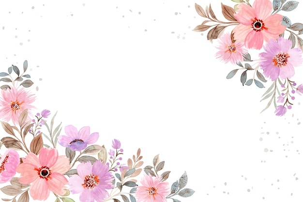 Free vector pink purple floral frame background with watercolor
