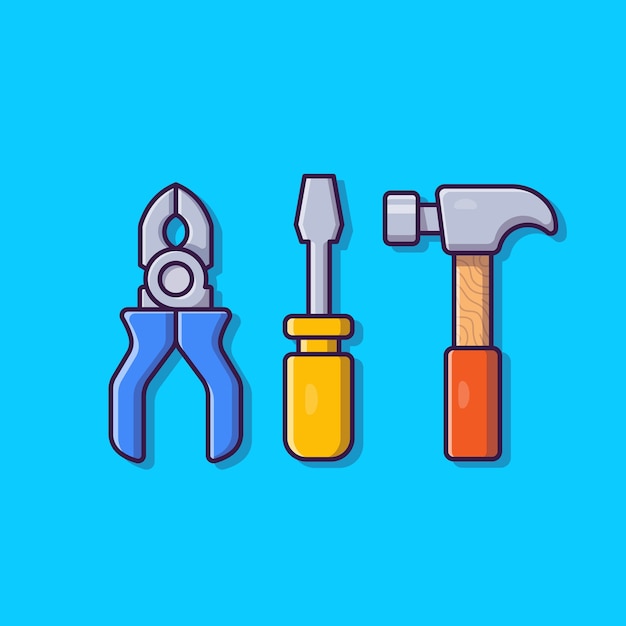 Free vector pliers, hammer and screwdriver cartoon icon illustration. tools object icon concept isolated . flat cartoon style
