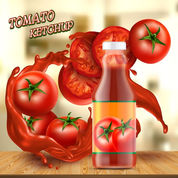 Бесплатное векторное изображение Рекламный баннер с реалистичной стеклянной бутылкой кетчупа с брызгами красного соуса