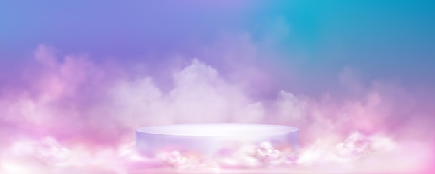 Free vector round podium in color mist clouds