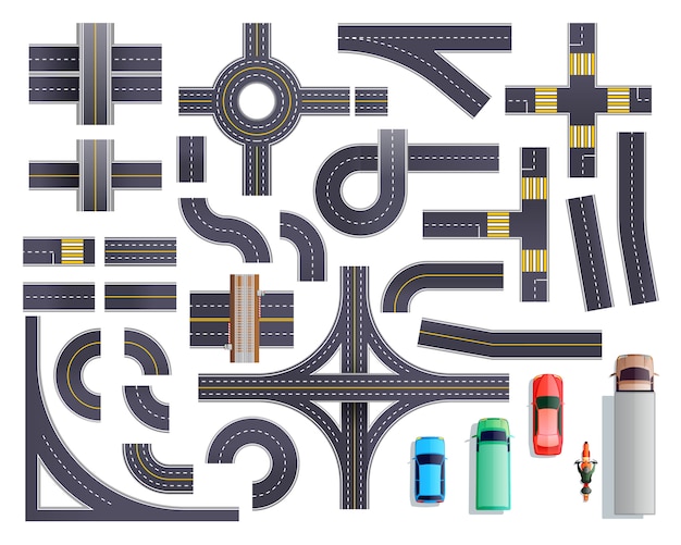 Free vector road parts vehicles set