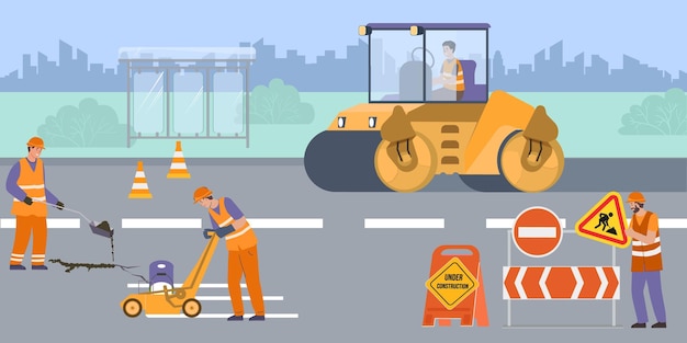 Free vector road repair flat background with brigade of male workers in road form making asphalt maintenance vector illustration