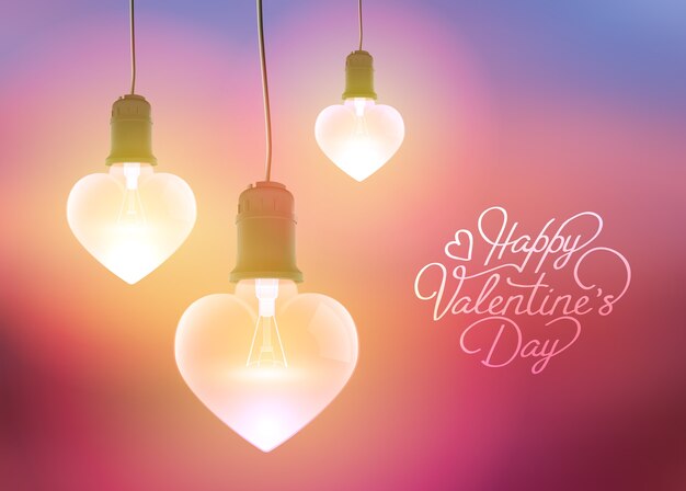 Романтическое приветствие с надписью и реалистичными свисающими светящимися лампочками в форме сердца