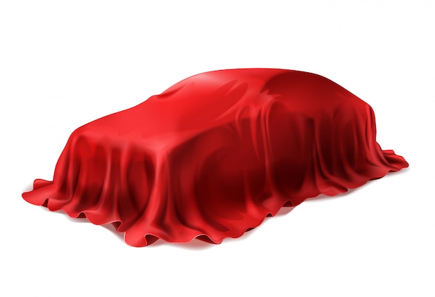 현실적인 자동차 흰색 배경에 고립 된 빨간 실크로 덮여 있습니다.