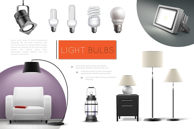 Realistic lamps and bulbs composition with spotlights floor lamps lantern led and fluorescent lightbulbs