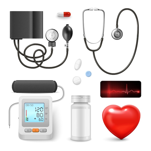 Бесплатное векторное изображение Реалистичный набор медицинского оборудования и лекарств для измерения и контроля артериального давления иллюстрация изолированного вектора