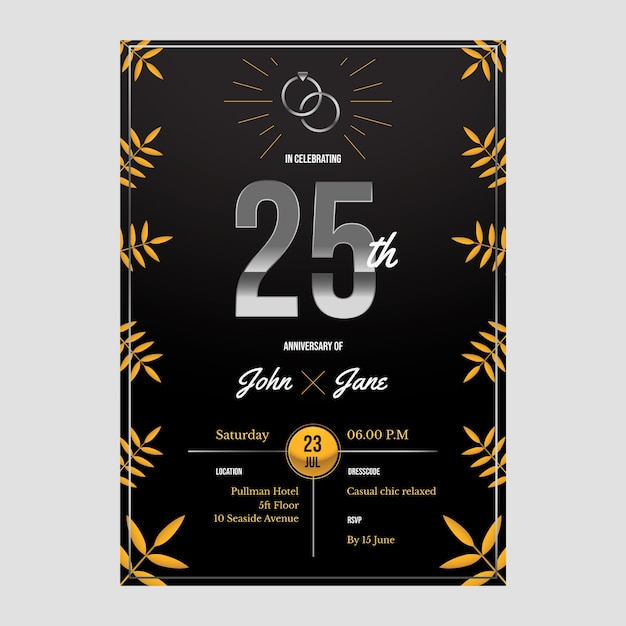 Free vector realistic silver anniversary invitation