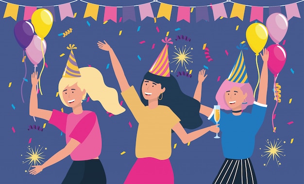 Бесплатное векторное изображение Женщины в шляпе на вечеринке с воздушными шарами