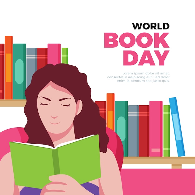 Бесплатное векторное изображение Иллюстрация книжного дня мира с чтением женщины