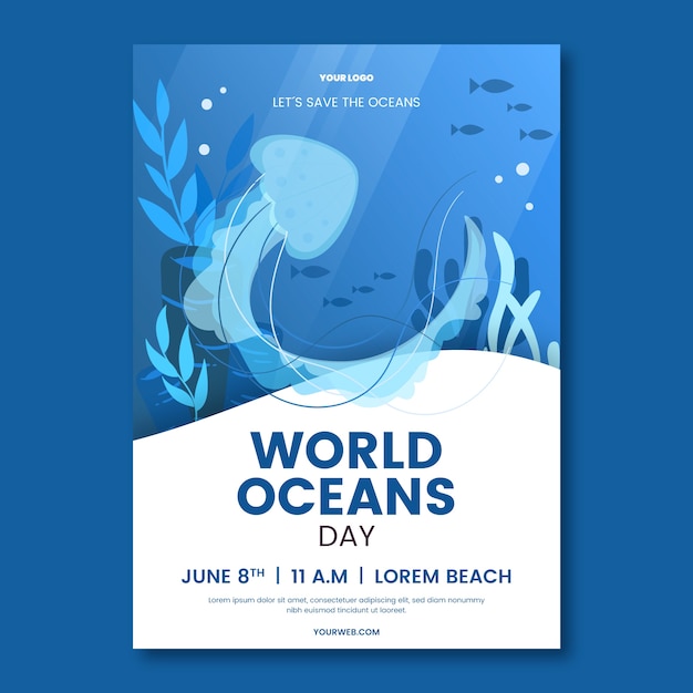 Free vector world oceans day hand drawn flat poster or flyer