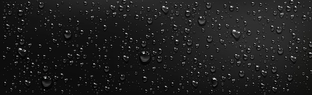 Бесплатное векторное изображение Капли воды на черном фоне. векторная реалистичная иллюстрация конденсации пара в душе или тумане на мокрой черной поверхности, прозрачные капли воды от росы или дождя