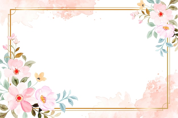 Free vector watercolor pink flower with golden frame
