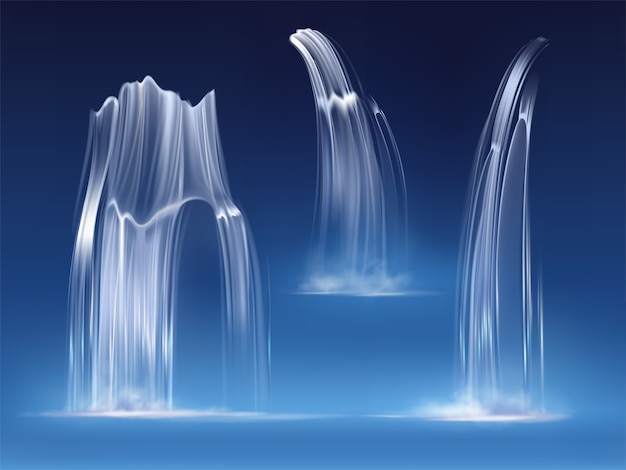 Бесплатное векторное изображение Водопад каскад, реалистичные воды падают потоки набор чистой жидкости с туманом различной формы. река, фонтан элемент дизайна, природа реалистичные 3d векторная иллюстрация