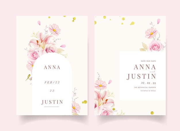 水彩ピンクのバラユリとオランダカイウの結婚式の招待状