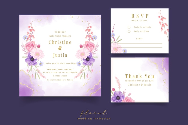 Free vector wedding invitation with watercolor rose, anemone and gerbera flowers