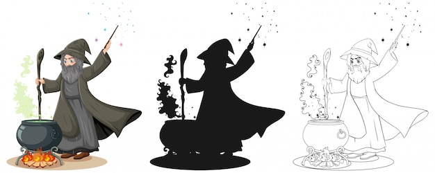 Бесплатное векторное изображение Волшебник в цвете и наброски и силуэт мультипликационного персонажа на белом фоне
