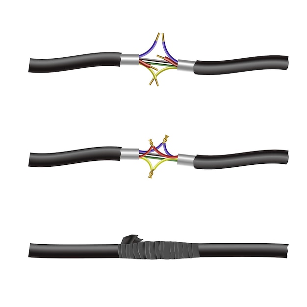 Бесплатное векторное изображение Три поврежденных и отремонтированных электрических кабеля реалистичный набор изолированных векторных иллюстраций