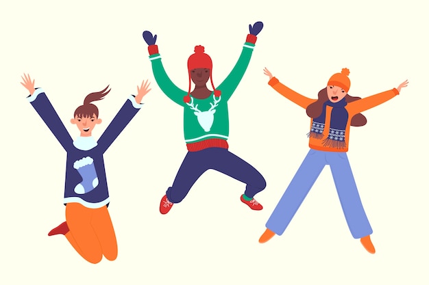 Бесплатное векторное изображение Три человека в зимней одежде прыгают