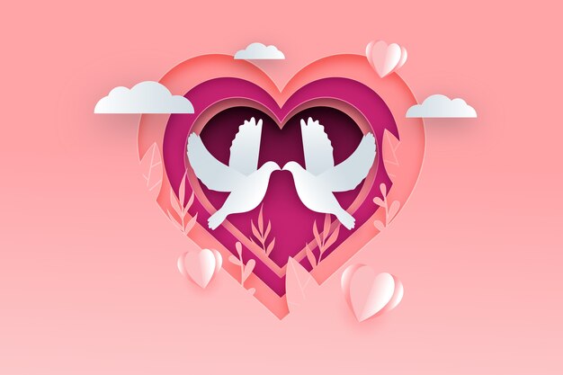 День Святого Валентина фон в бумажном стиле с голубями