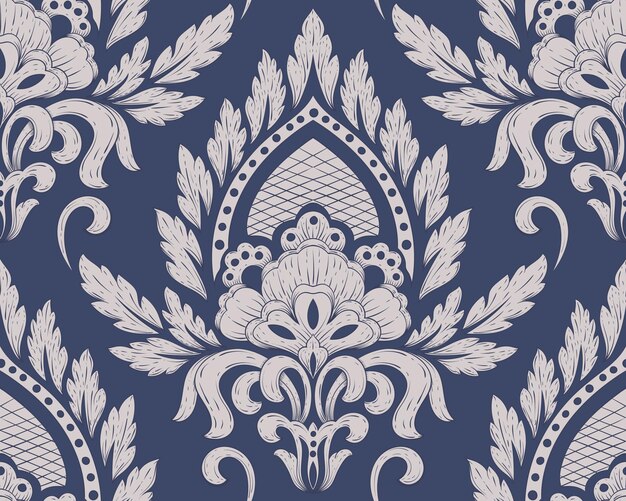 Векторный дамасский бесшовный узор. Классический роскошный старомодный дамасский орнамент, королевская викторианская бесшовная текстура для обоев, текстиля, упаковки. Изысканный цветочный шаблон в стиле барокко.