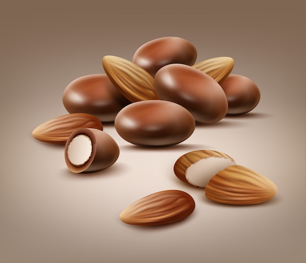 Бесплатное векторное изображение Вектор горсть целых и нарезанных миндальных орехов в шоколадной скорлупе, вид сбоку на светло-коричневом фоне