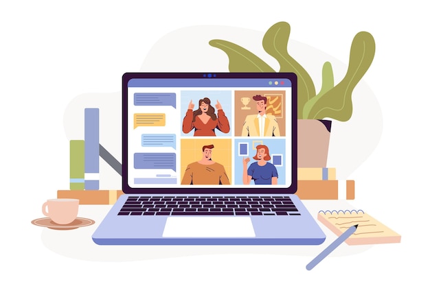 Free vector video conference remote working flat illustration screen laptop with group of colleagues people conn...