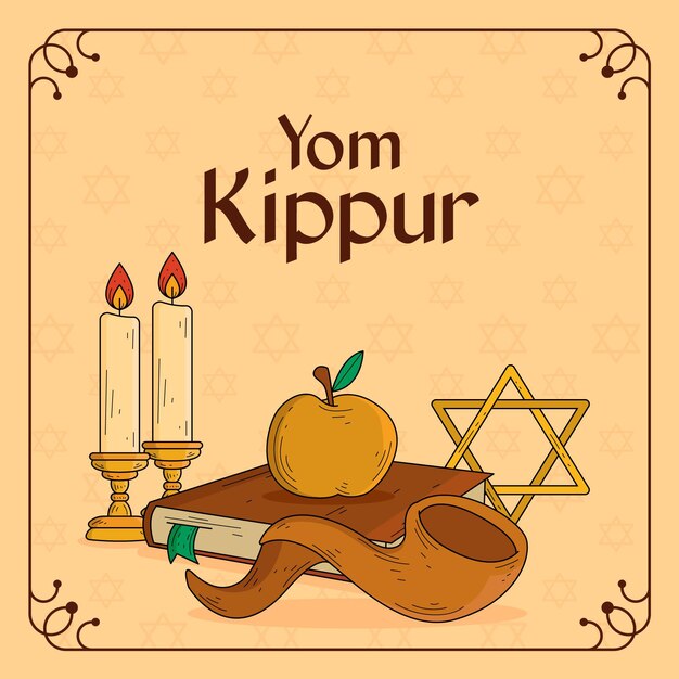 Vintage yom kippur background with horn and apple