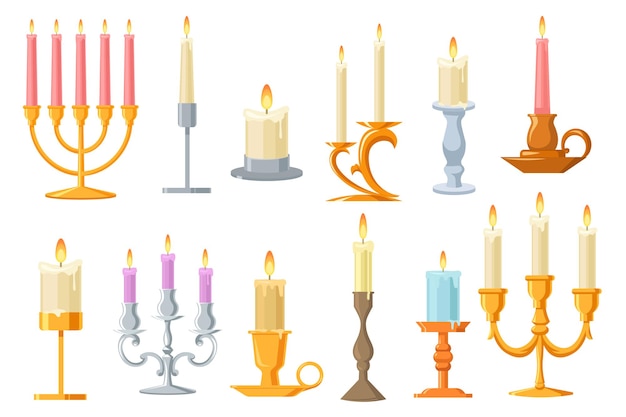 Vintage candles in candlesticks flat set
