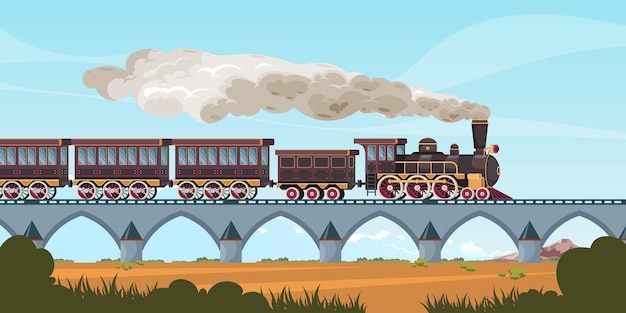 Старый пассажирский вагон с реалистичной векторной иллюстрацией локомотива и поезда