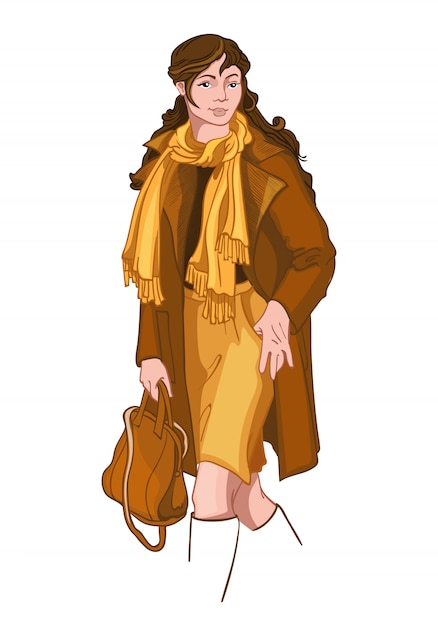 Vettore gratuito la giovane donna castana si è vestita in vestiti gialli e marroni di autunno