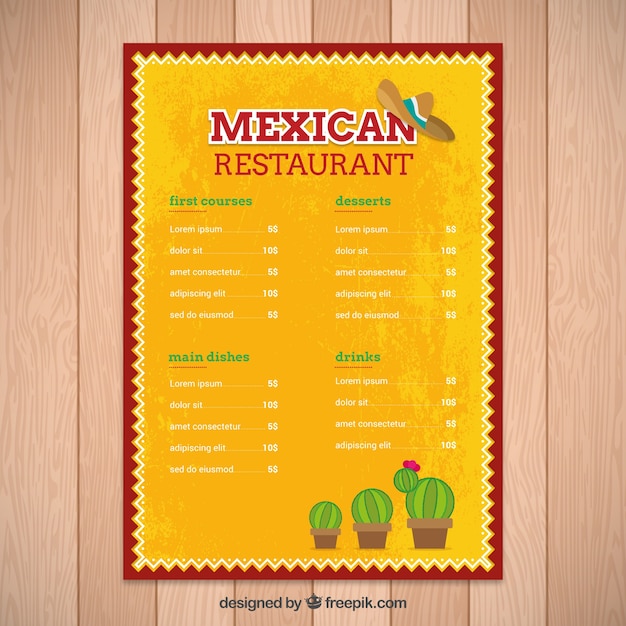 Yellow mexican menu template with cactus