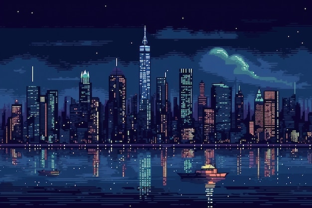 Free photo 8-bit graphics pixels scene with city and night