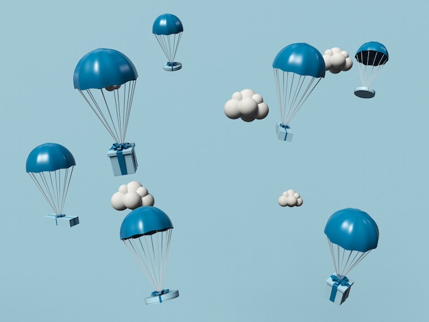 Бесплатное фото 3d иллюстрации. подарочные коробки летают в небе с парашютами. интернет-магазин и концепция службы доставки.