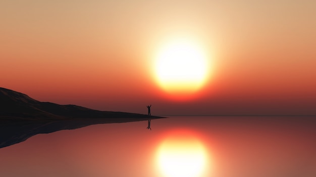 Бесплатное фото 3d пейзаж с человеком, стоящим на берегу моря против заката небо