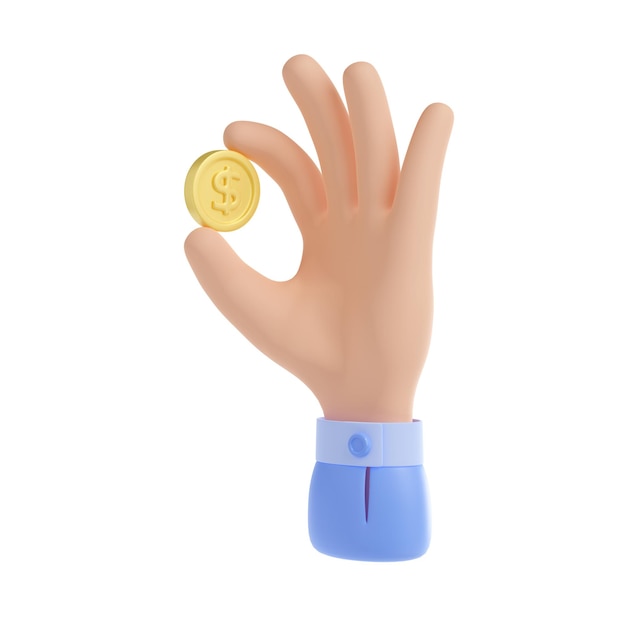 Бесплатное фото 3d рука человека, держащая золотую монету с символом доллара