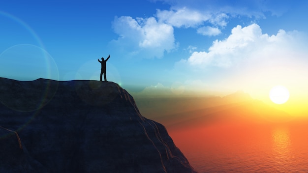 Free photo 3d male figure on the top of a cliff with his arms raised in success