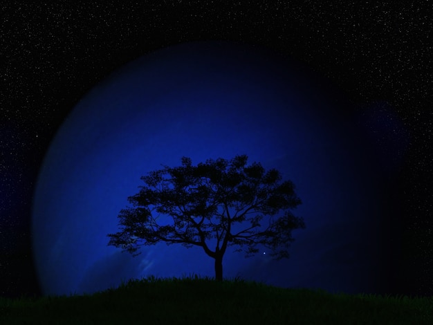 Бесплатное фото 3d-рендеринг ландшафта дерева против вымышленной планеты в ночном небе