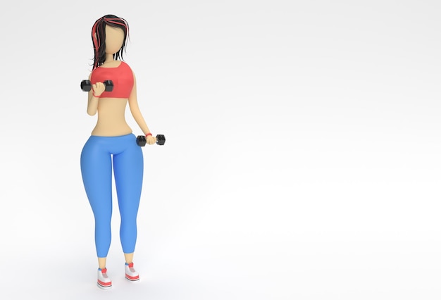 Бесплатное фото 3d визуализации персонажей мультфильма женщина делает упражнения с гантелями спорт, йога и концепция titness 3d иллюстрации дизайн.