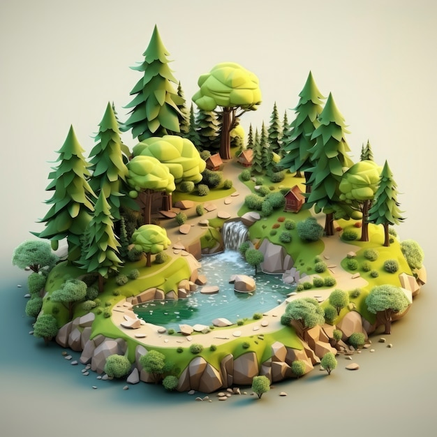 Бесплатное фото 3d-рендеринг мультфильма, похожего на лесный пейзаж
