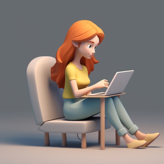 무료 사진 컴퓨터에서 작업하는 여자 같은 만화의 3d 렌더링