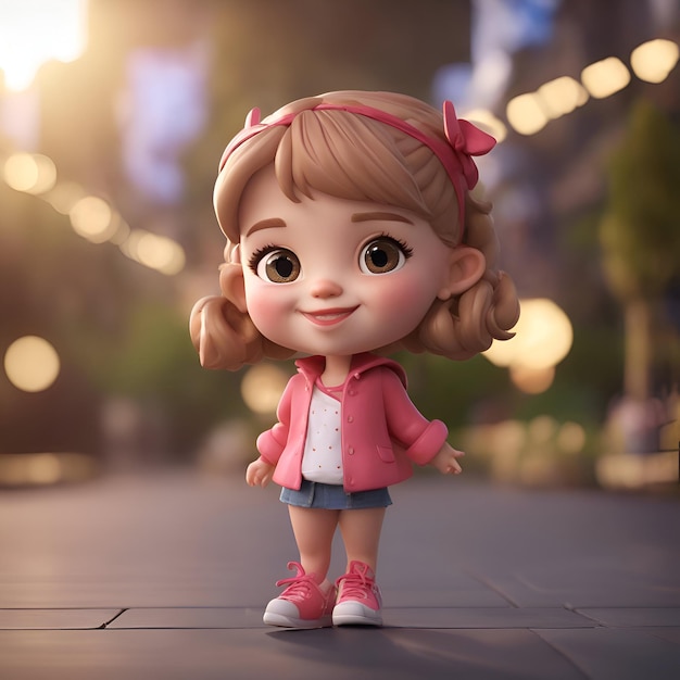 무료 사진 밤에 도시에서 귀여운 작은 소녀의 3d 렌더링