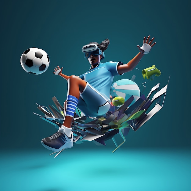 Бесплатное фото 3d-рендеринг человека в очках виртуальной реальности, играющего в футбол