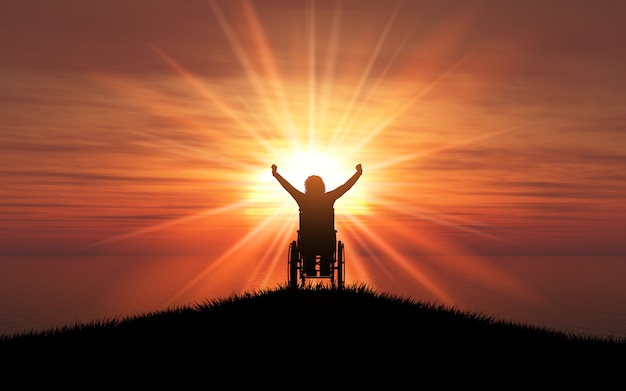 Free photo 3d silhouette of a female in a wheelchair with her arms raised against a sunset ocean