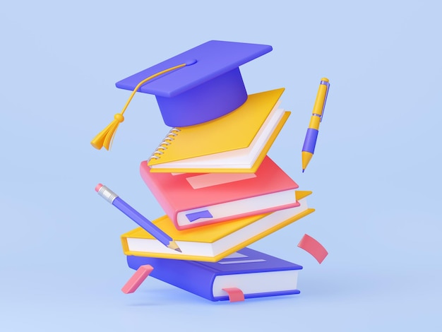 Бесплатное фото 3d студенческая выпускная шапка на стопке книг