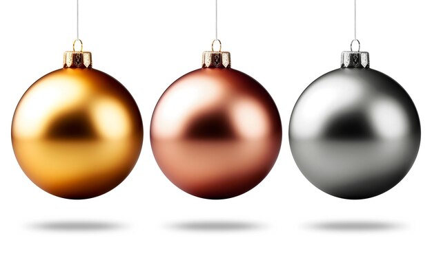 무료 사진 세 개의 금속 크리스마스 공이 완전히  ⁇ 색 배경에 고립되어 매달려 있습니다.