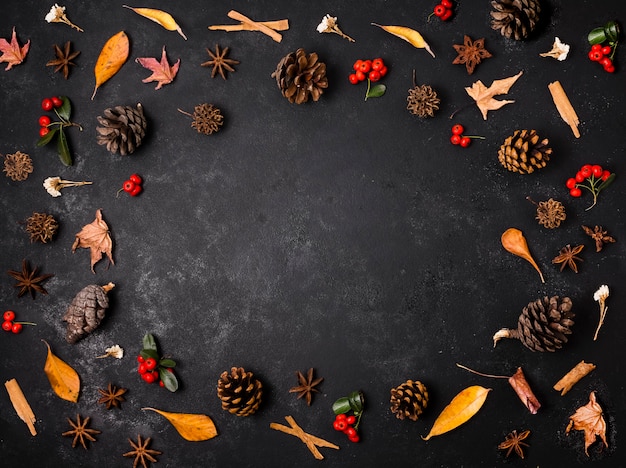 Бесплатное фото Вид сверху осенних элементов с сосновыми шишками и листьями