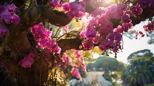 Free photo towering tropical tree with vibrant orchids