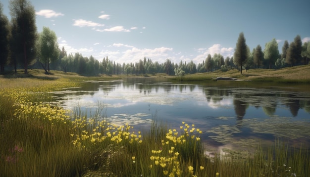 Бесплатное фото Спокойная сцена горы, отражающаяся в мирном пруду, созданном искусственным интеллектом