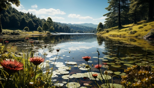 Бесплатное фото Спокойная сцена зеленого леса, отражающаяся на пруду, созданном искусственным интеллектом